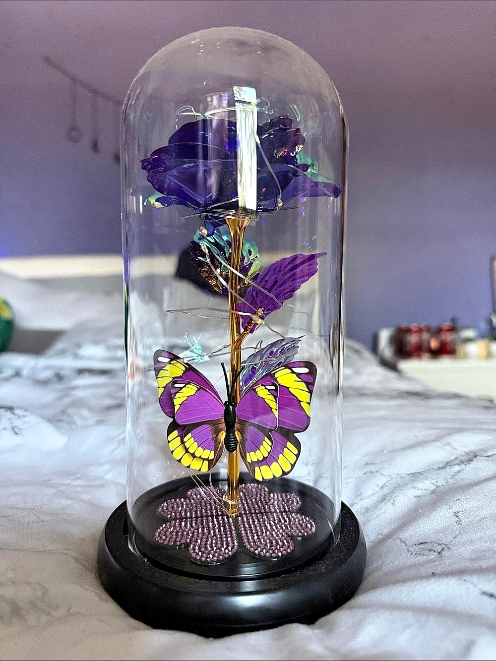 Purple & Black Butterfly Floral Glass Cloche Decor Lamp